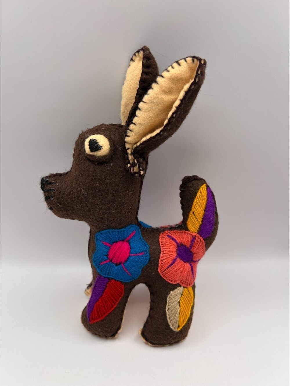 Mexican Folk Art Hand Embroidered Dog Animal Figurine Brown Floral
